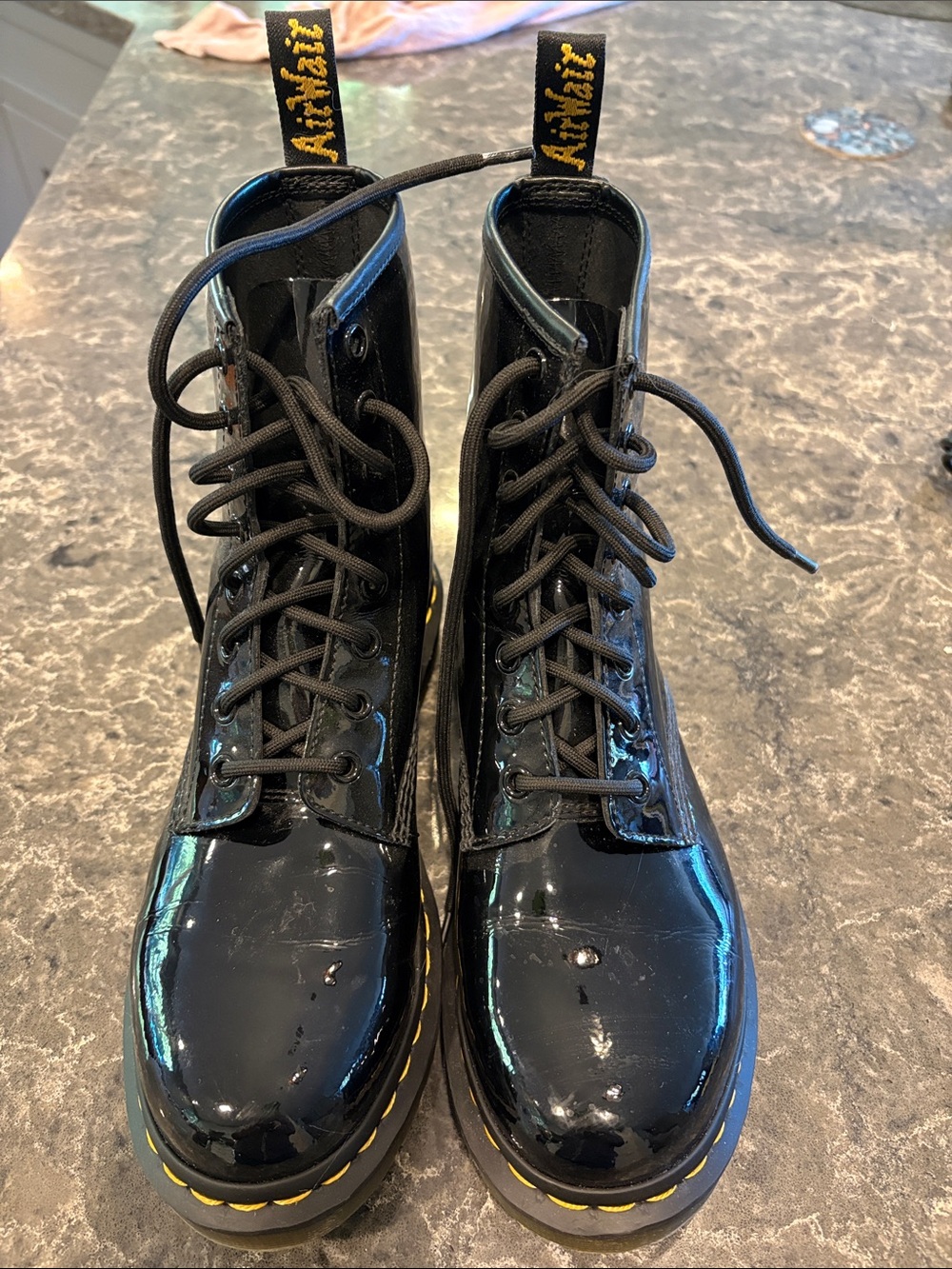 Dr. Martens Black Patent Lace-Up Boots with Yellow Stitching